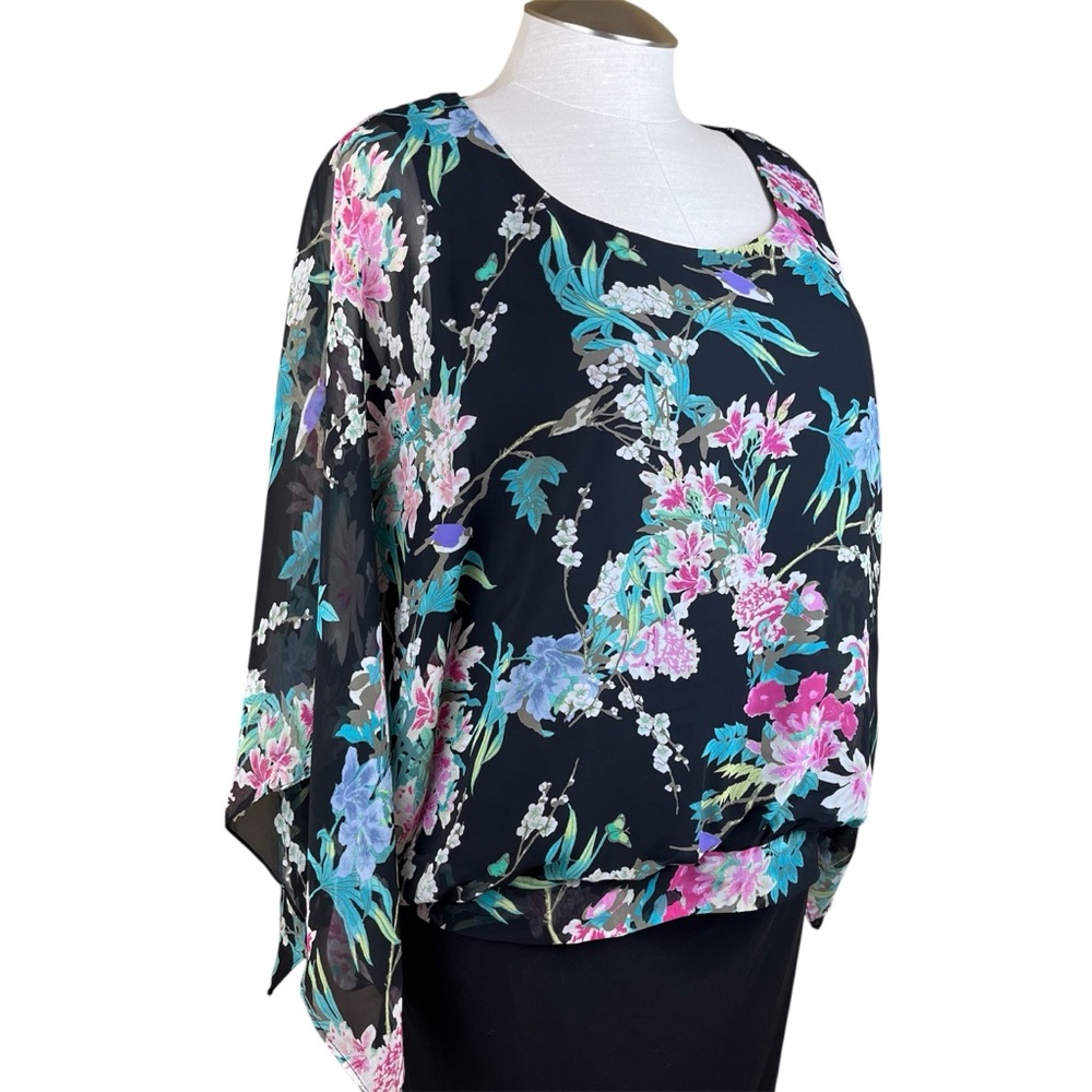Addition Elle Size 20 Black & Bright Floral Chiffon Top Kimono Sleeves w/ Bow